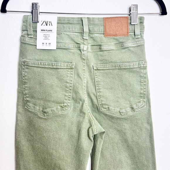 Zara Jeans Size 0 Mini Flare High Rise Ankle Stretch Green Denim Boho Hippie - Picture 5 of 8